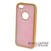 Szilikon tok Apple iPhone 5 / 5S / SE rózsaszín márvány minta arany kerettel